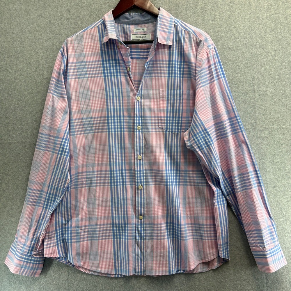 Crown & Ivy Button Down Shirt Pink Blue Plaid Long Sleeve Preppy Spring Mens XL